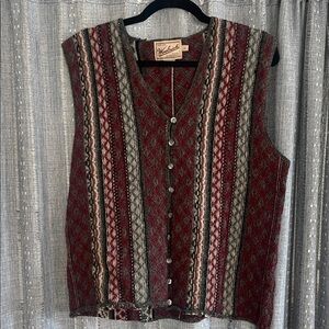 VTG Woolrich Women's Burgundy Gray Striped Wool Sweater Vest Grandpa Vibe Large